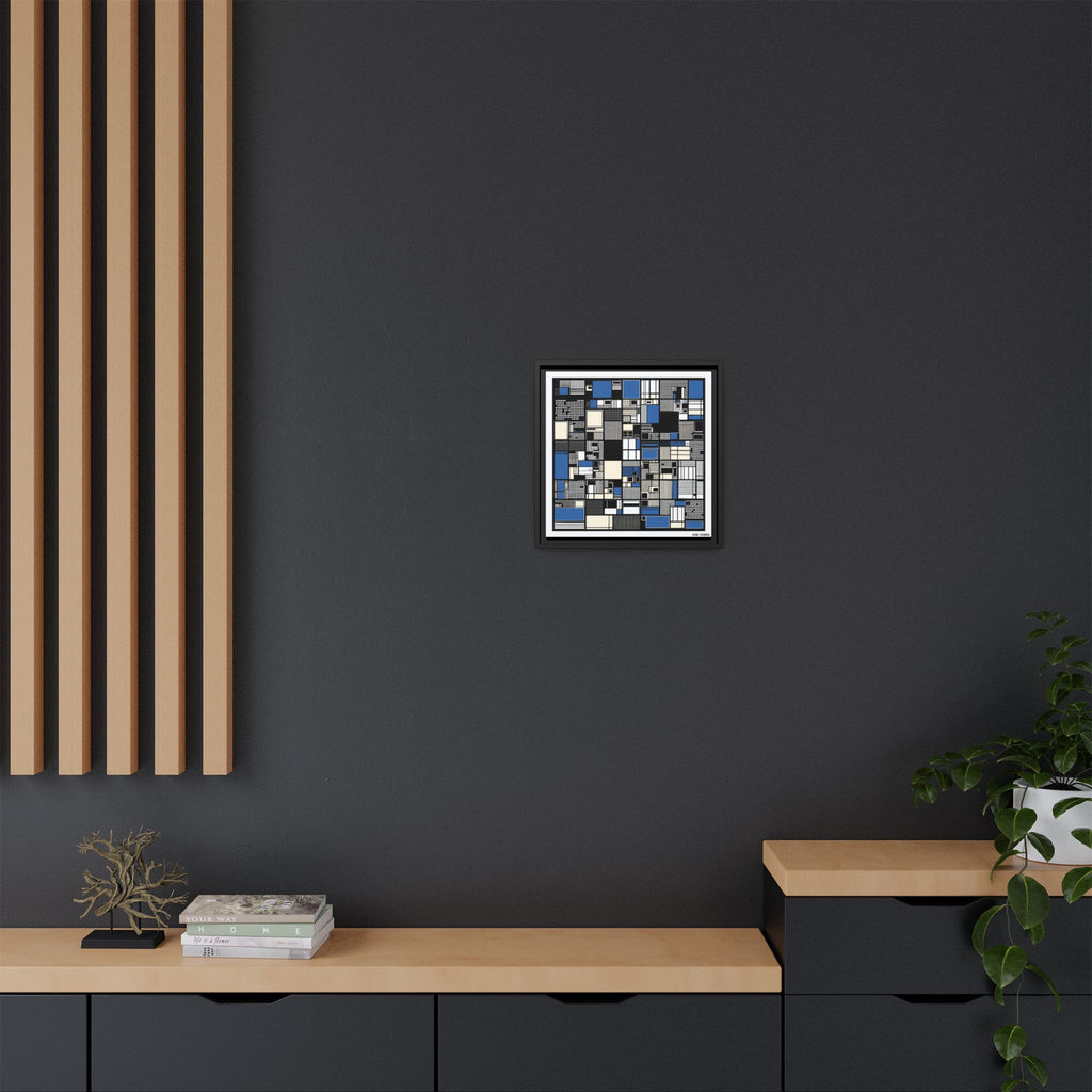 Modern Geometric Abstract Framed Canvas — Blue & Black Grid Art