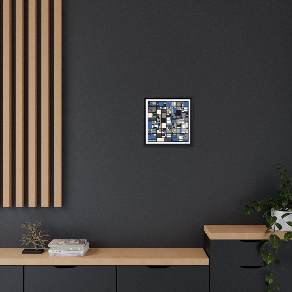 Modern Geometric Abstract Framed Canvas — Blue & Black Grid Art