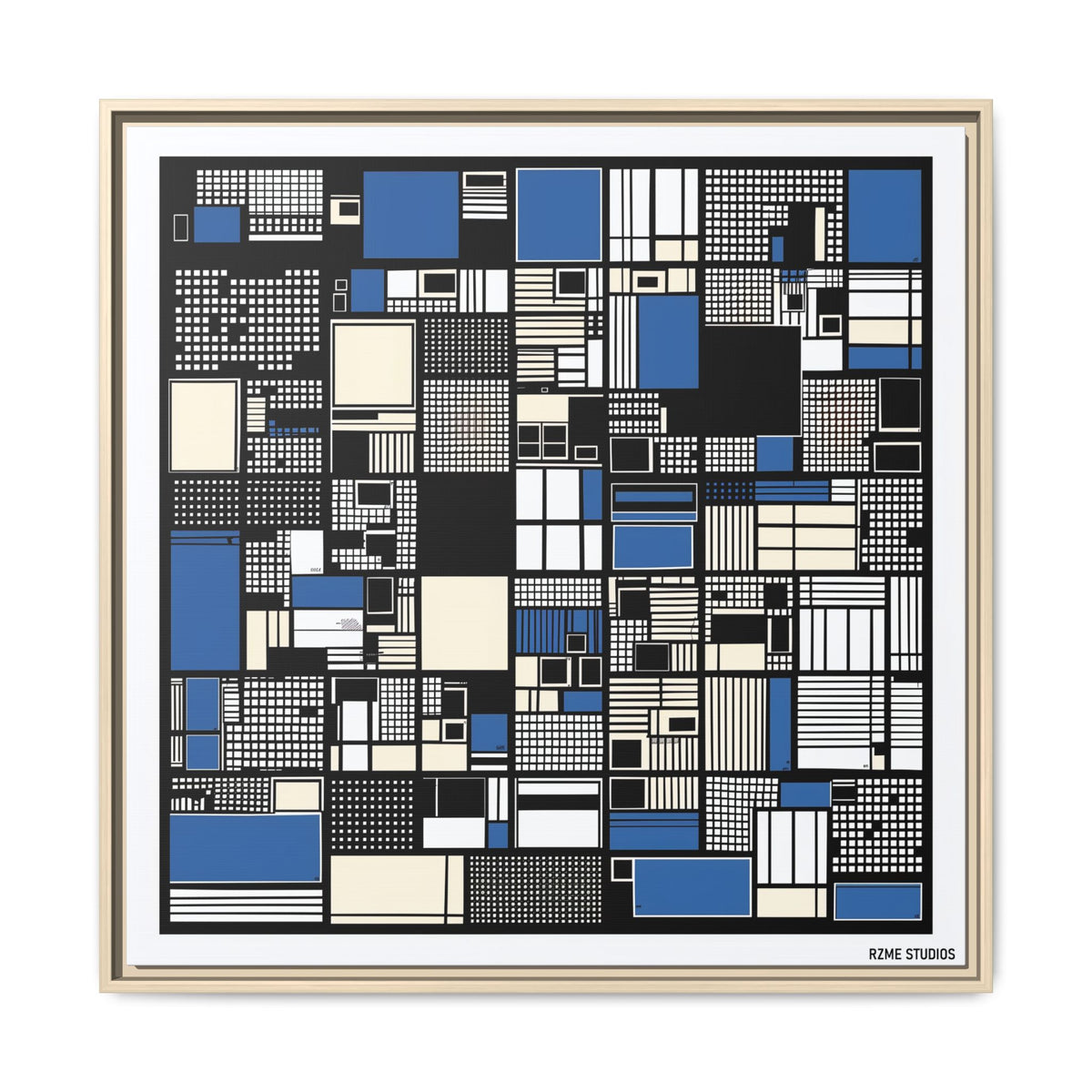 Modern Geometric Abstract Framed Canvas — Blue & Black Grid Art