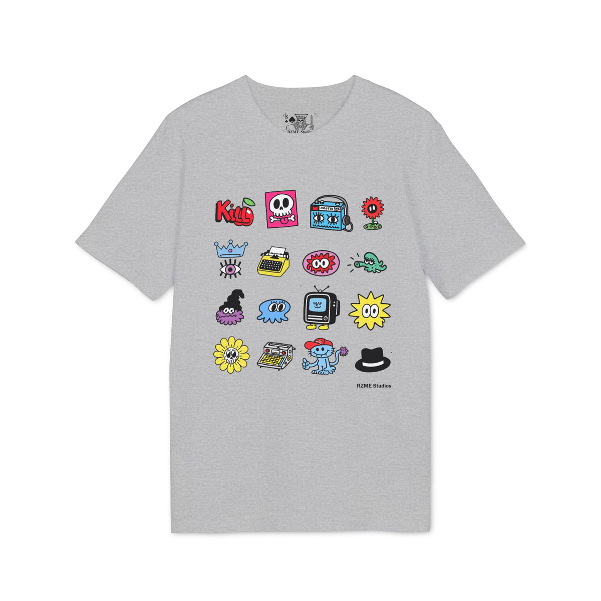 Creator Icons Graphic T-Shirt — Playful Retro Sticker Grid Tee