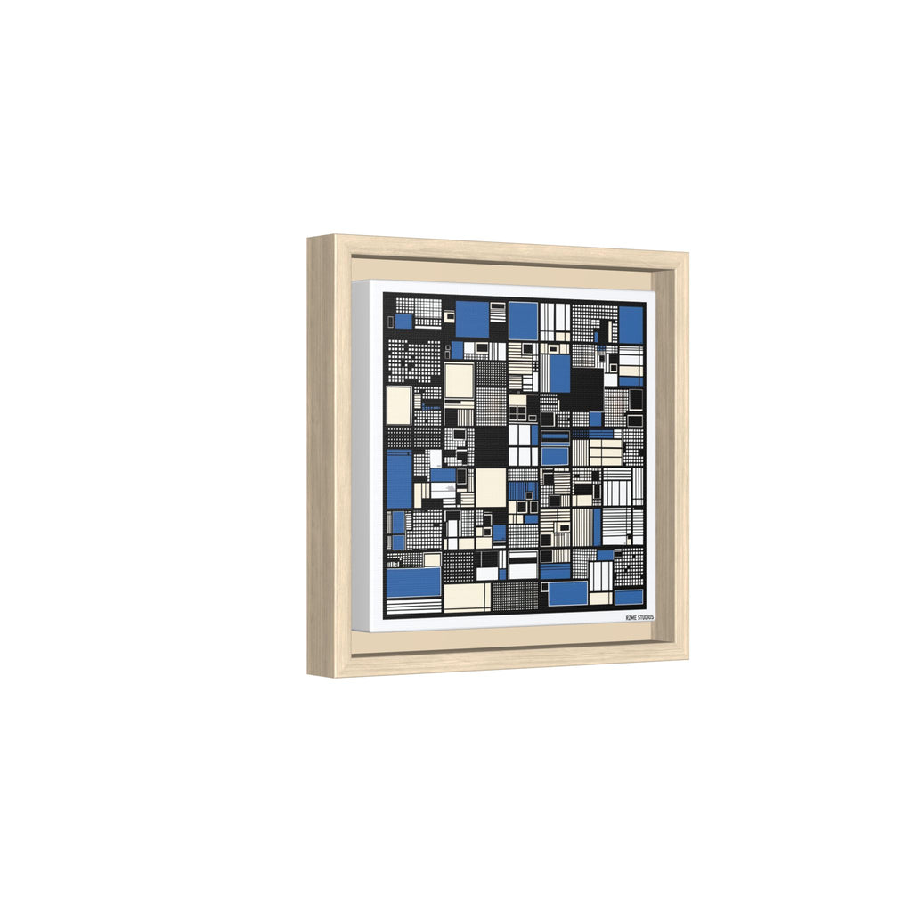Modern Geometric Abstract Framed Canvas — Blue & Black Grid Art