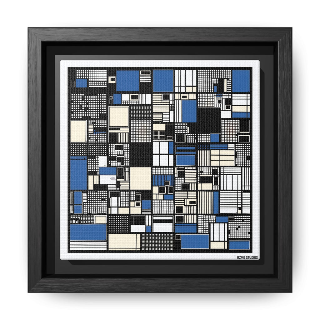 Modern Geometric Abstract Framed Canvas — Blue & Black Grid Art
