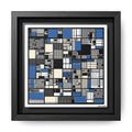 Modern Geometric Abstract Framed Canvas — Blue & Black Grid Art
