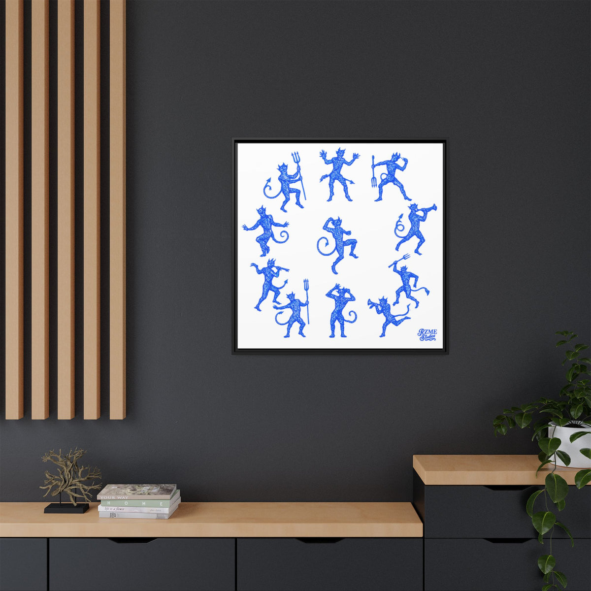 Blue Devil Pattern Matte Framed Canvas Art