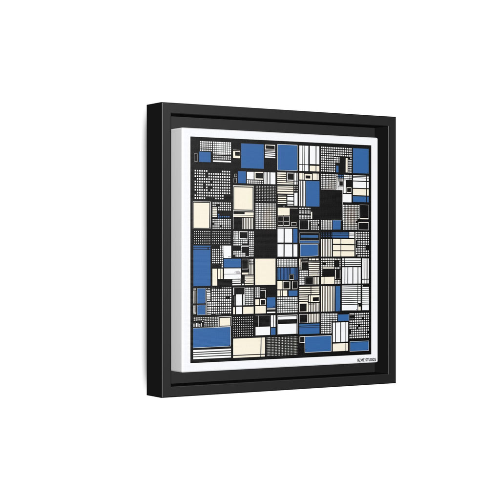 Modern Geometric Abstract Framed Canvas — Blue & Black Grid Art