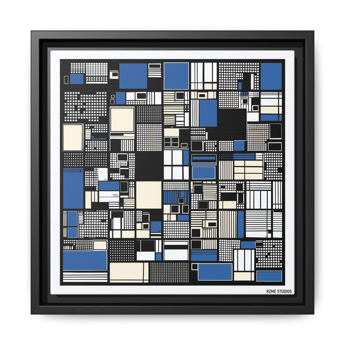 Modern Geometric Abstract Framed Canvas — Blue & Black Grid Art
