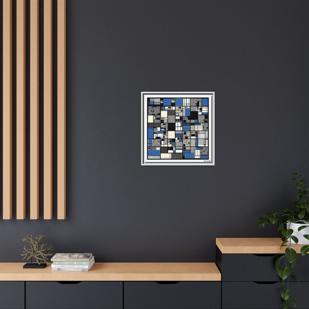 Modern Geometric Abstract Framed Canvas — Blue & Black Grid Art
