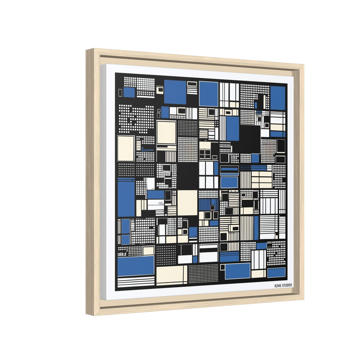 Modern Geometric Abstract Framed Canvas — Blue & Black Grid Art