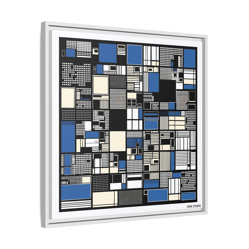 Modern Geometric Abstract Framed Canvas — Blue & Black Grid Art