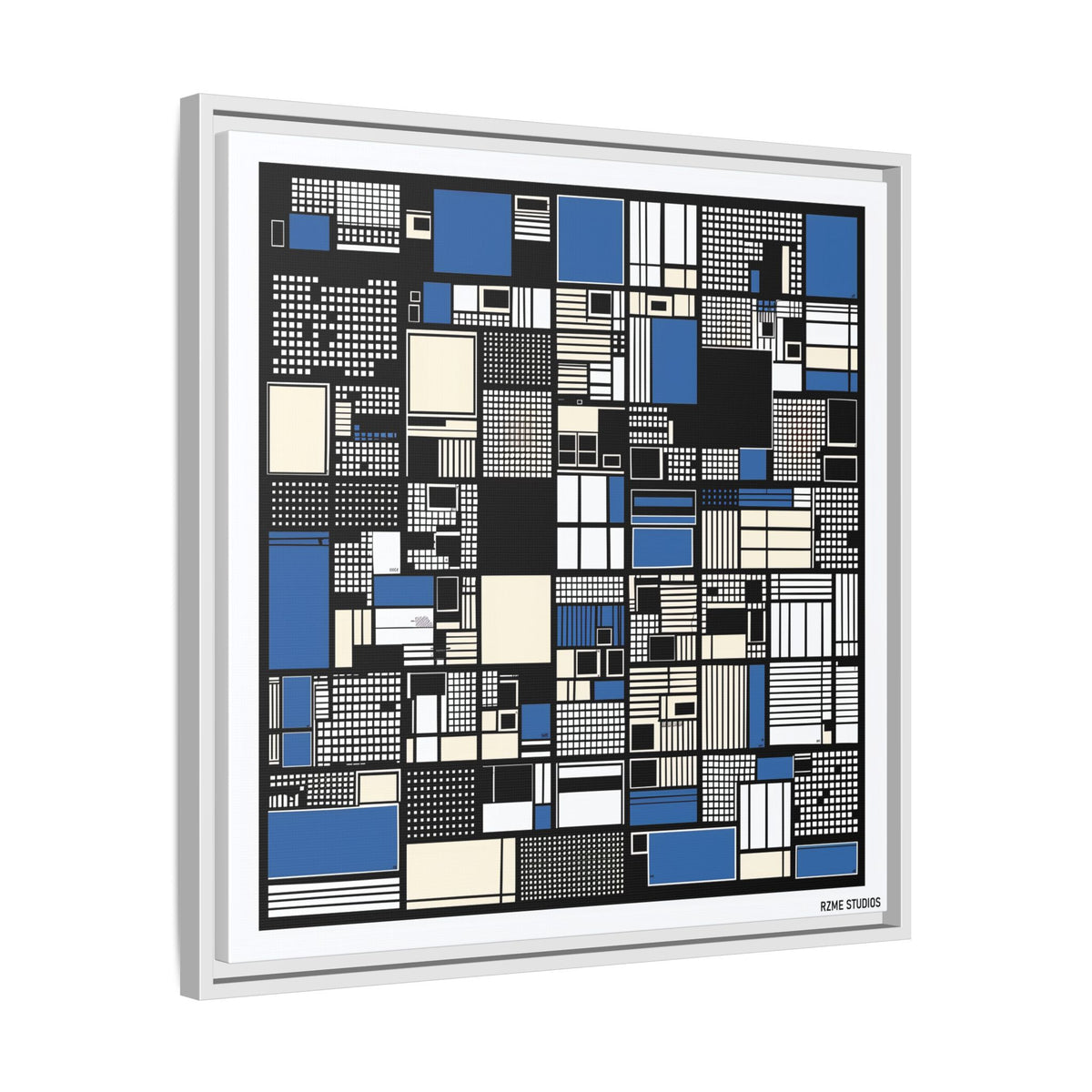 Modern Geometric Abstract Framed Canvas — Blue & Black Grid Art