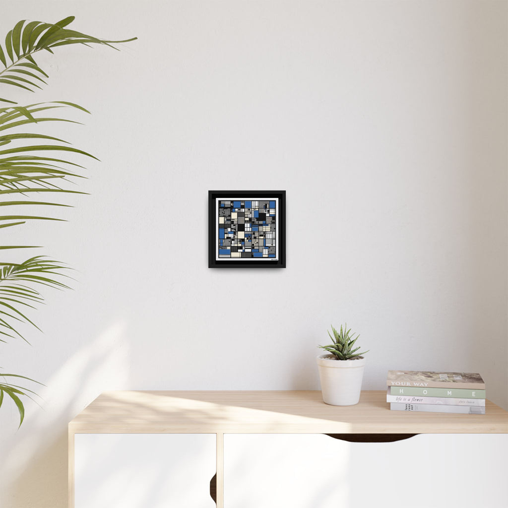 Modern Geometric Abstract Framed Canvas — Blue & Black Grid Art