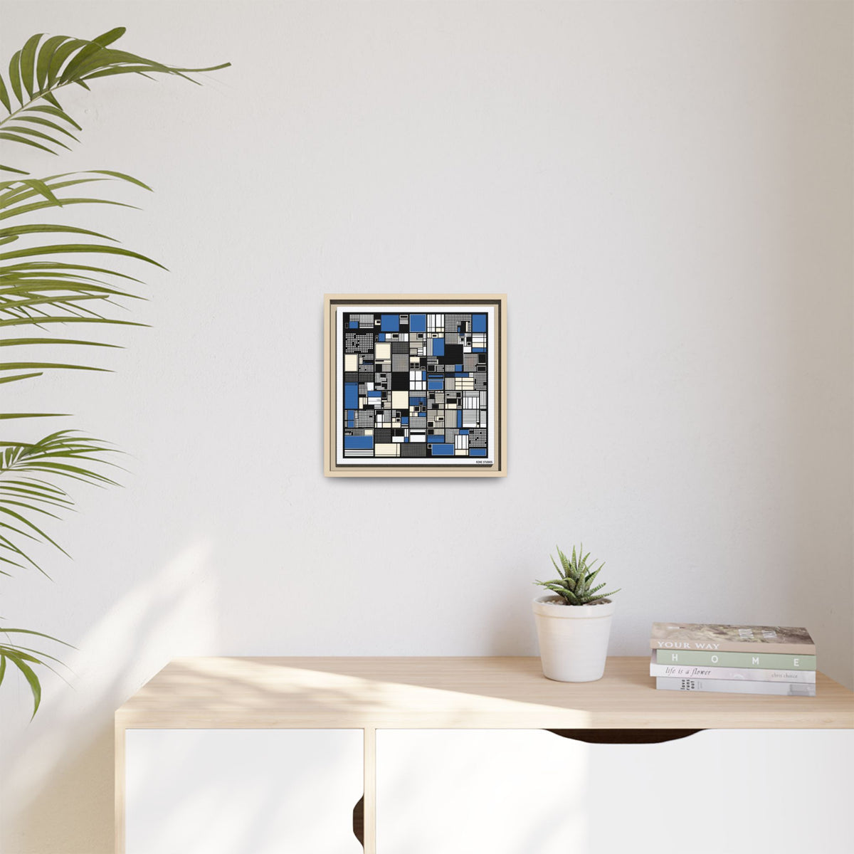 Modern Geometric Abstract Framed Canvas — Blue & Black Grid Art
