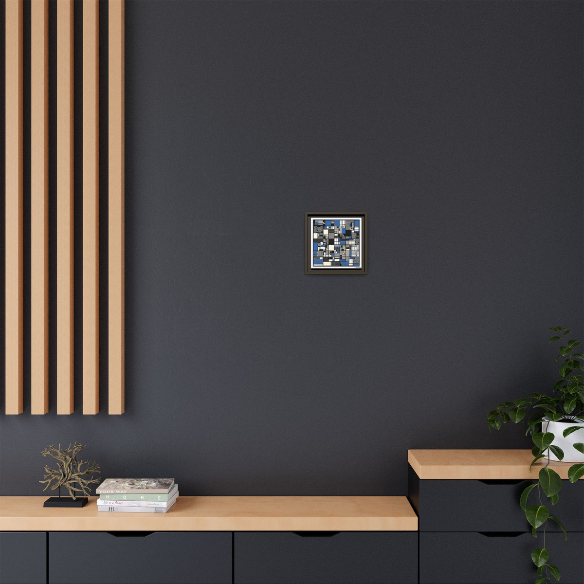 Modern Geometric Abstract Framed Canvas — Blue & Black Grid Art