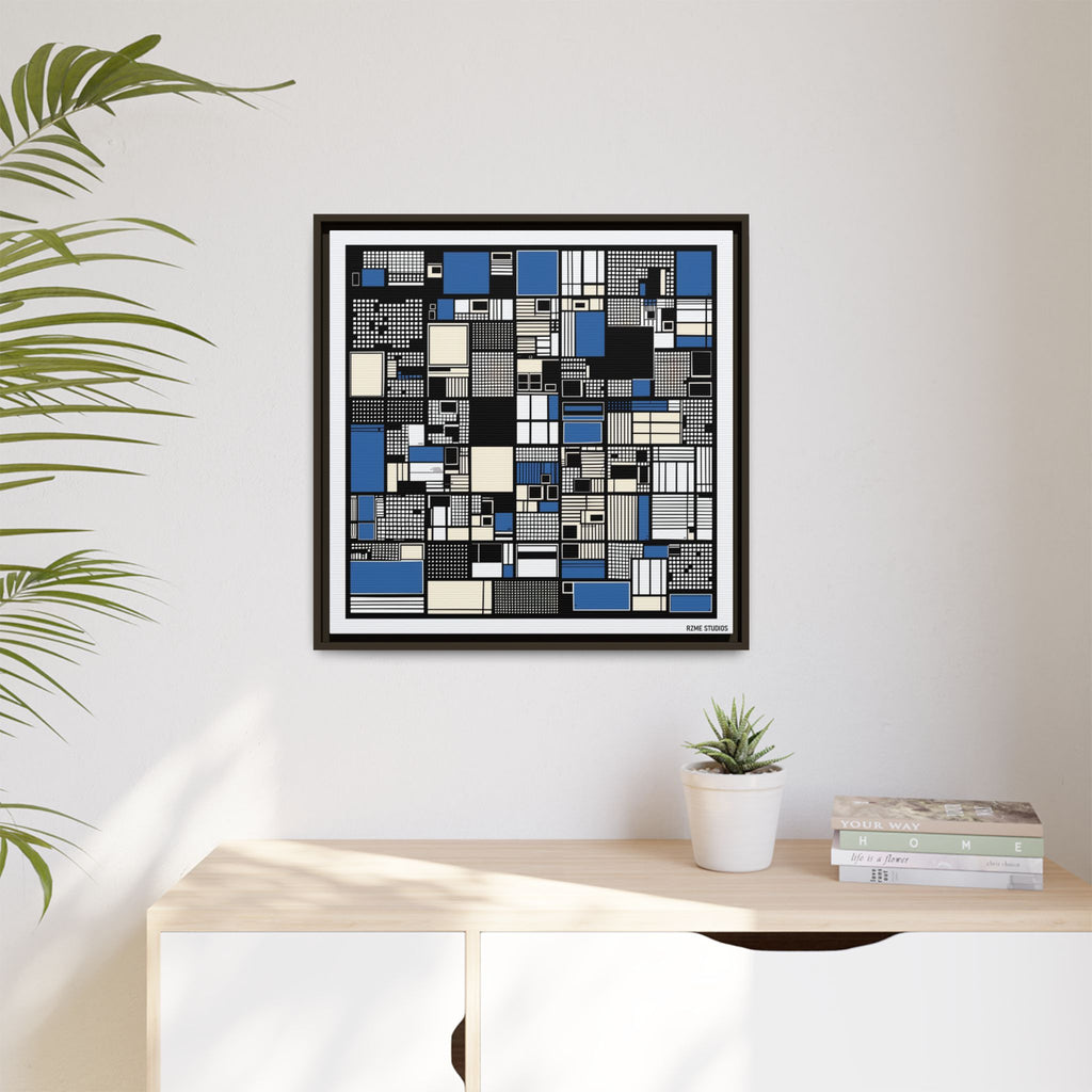 Modern Geometric Abstract Framed Canvas — Blue & Black Grid Art