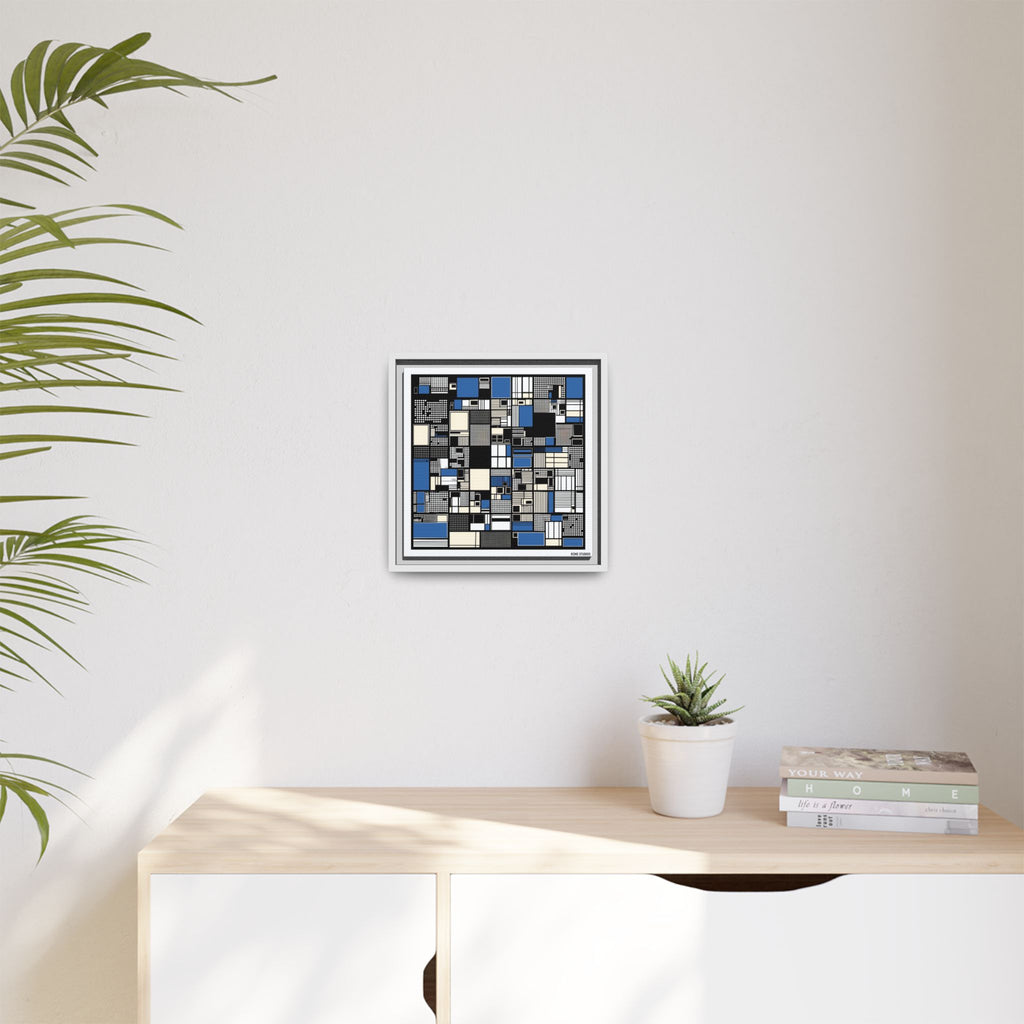 Modern Geometric Abstract Framed Canvas — Blue & Black Grid Art