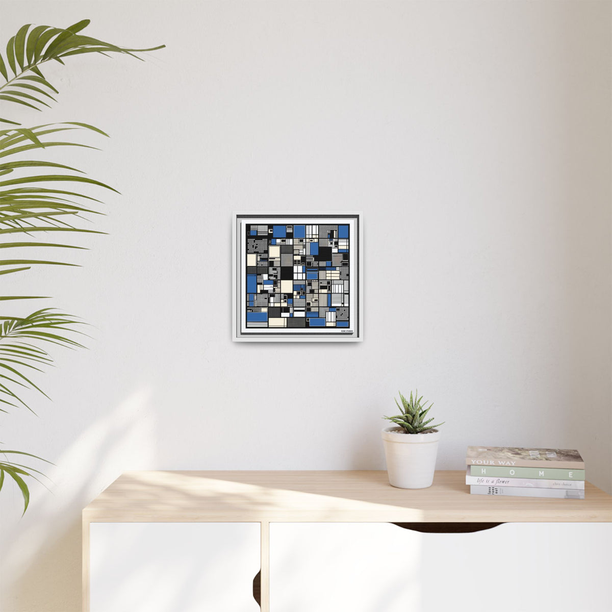 Modern Geometric Abstract Framed Canvas — Blue & Black Grid Art