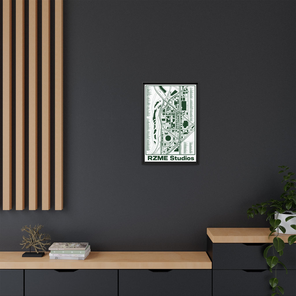 City Map Matte Canvas Framed Print — Minimal Green Urban Map Wall Art