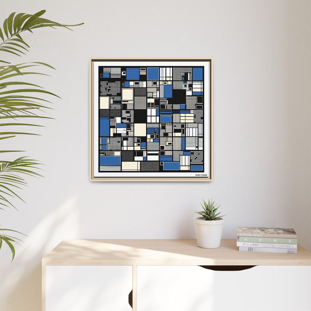Modern Geometric Abstract Framed Canvas — Blue & Black Grid Art