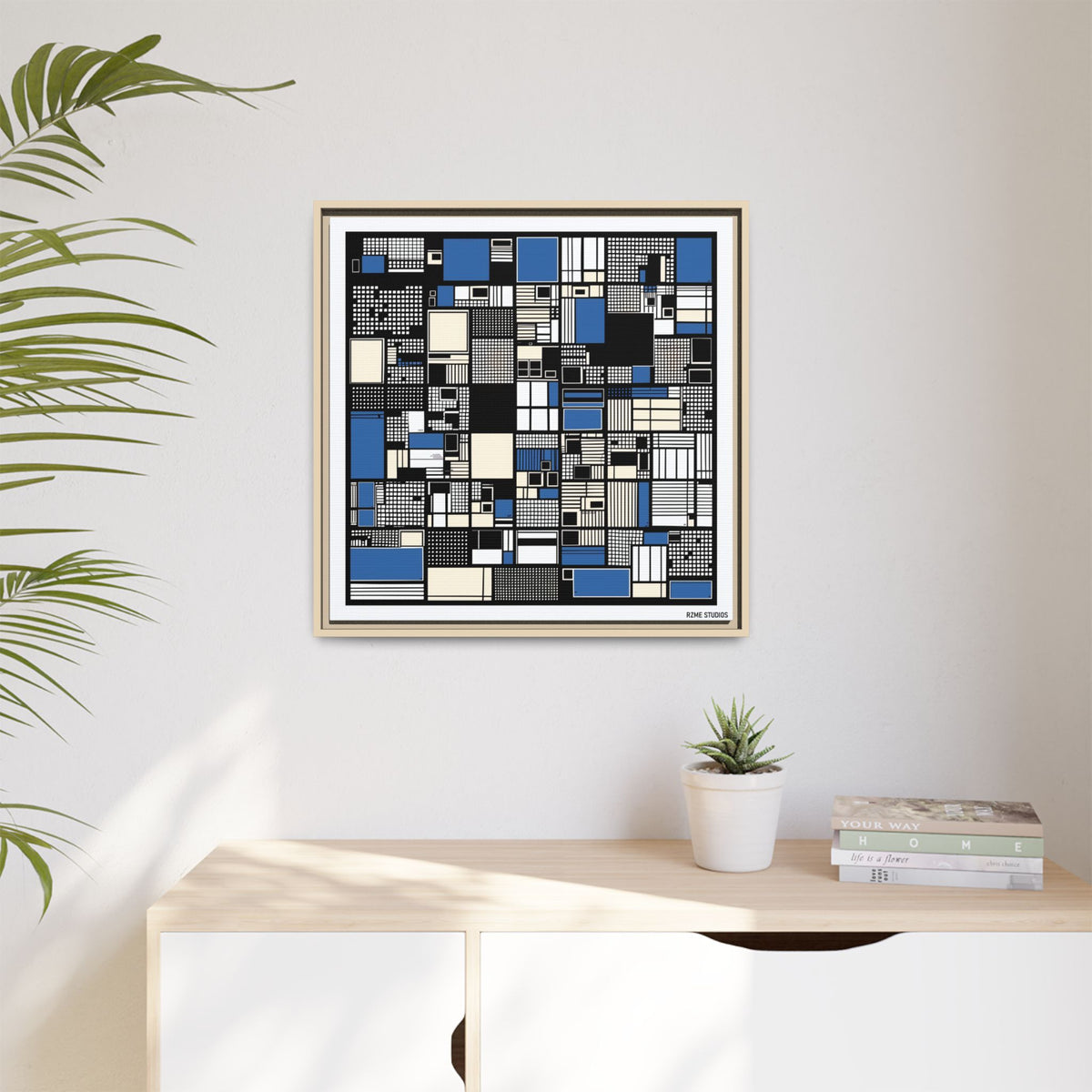 Modern Geometric Abstract Framed Canvas — Blue & Black Grid Art