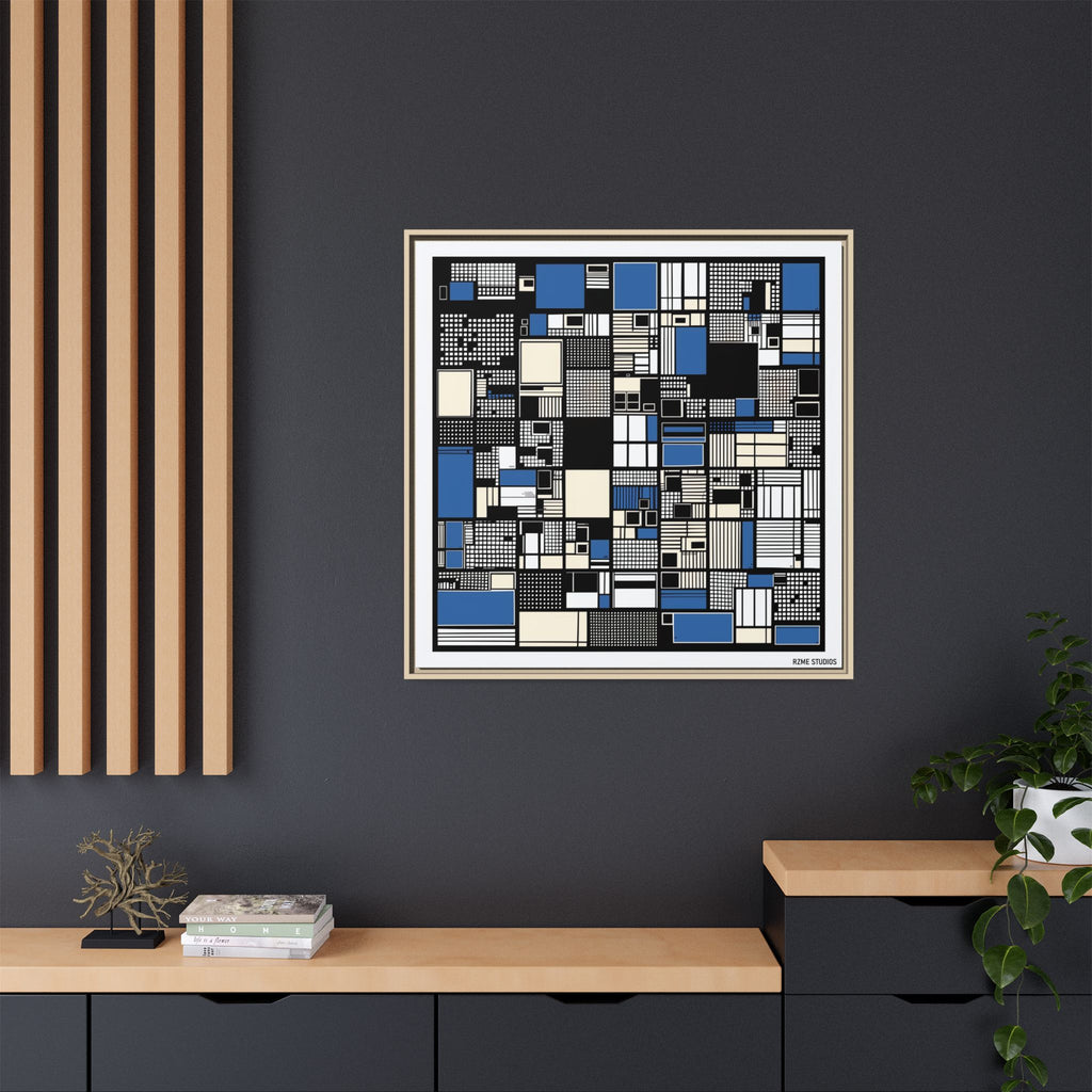 Modern Geometric Abstract Framed Canvas — Blue & Black Grid Art
