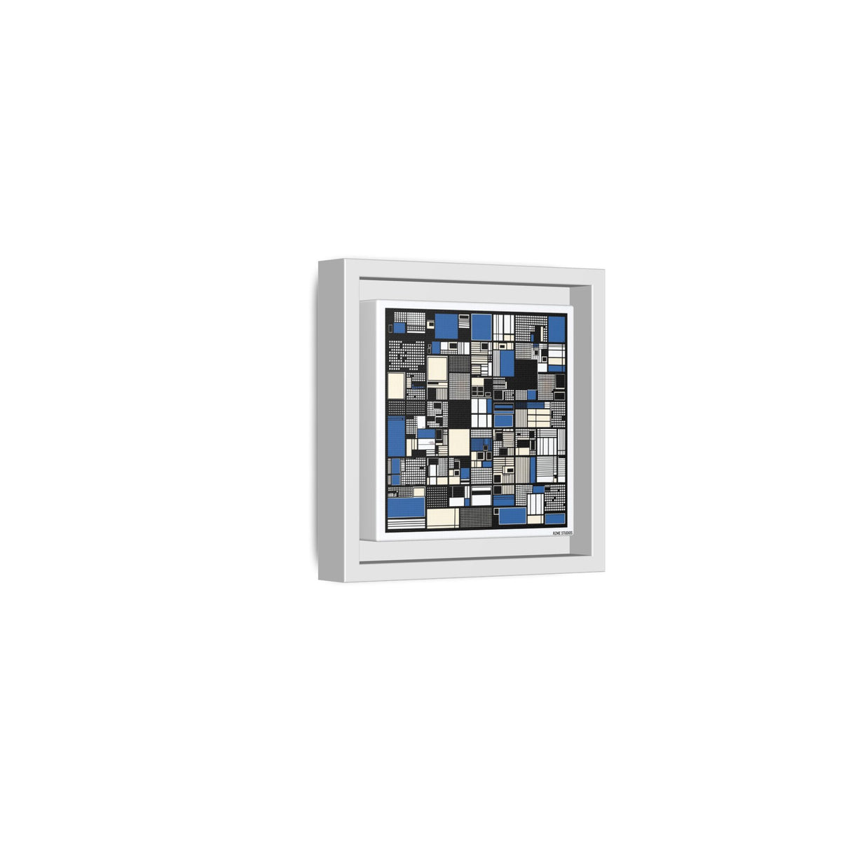 Modern Geometric Abstract Framed Canvas — Blue & Black Grid Art