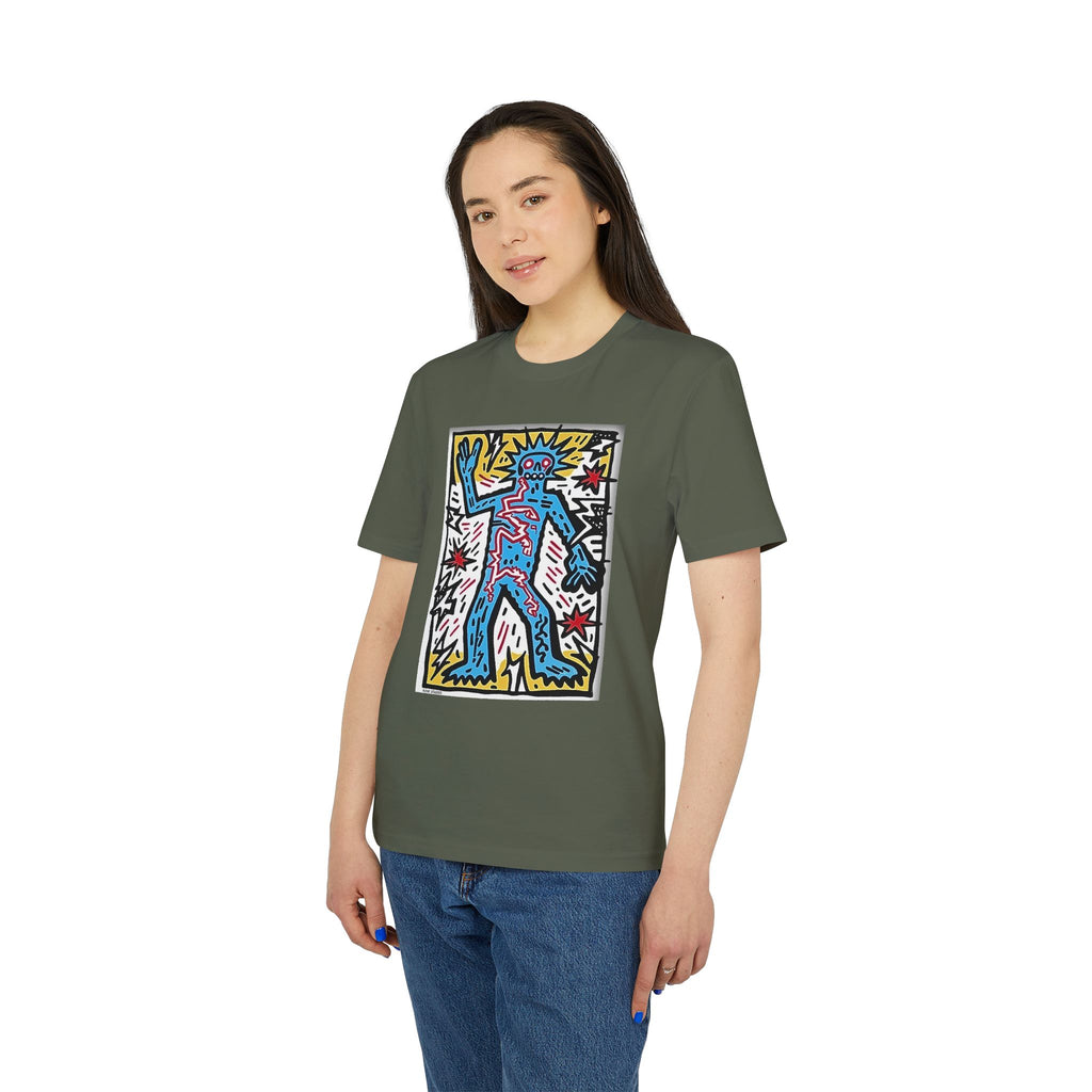 Keith Haring Style Pop Art T‑Shirt — Blue Dancing Figure Graphic Tee