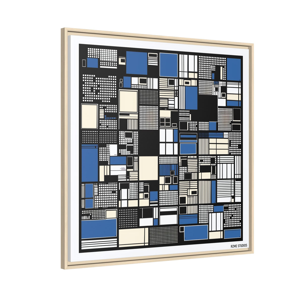 Modern Geometric Abstract Framed Canvas — Blue & Black Grid Art