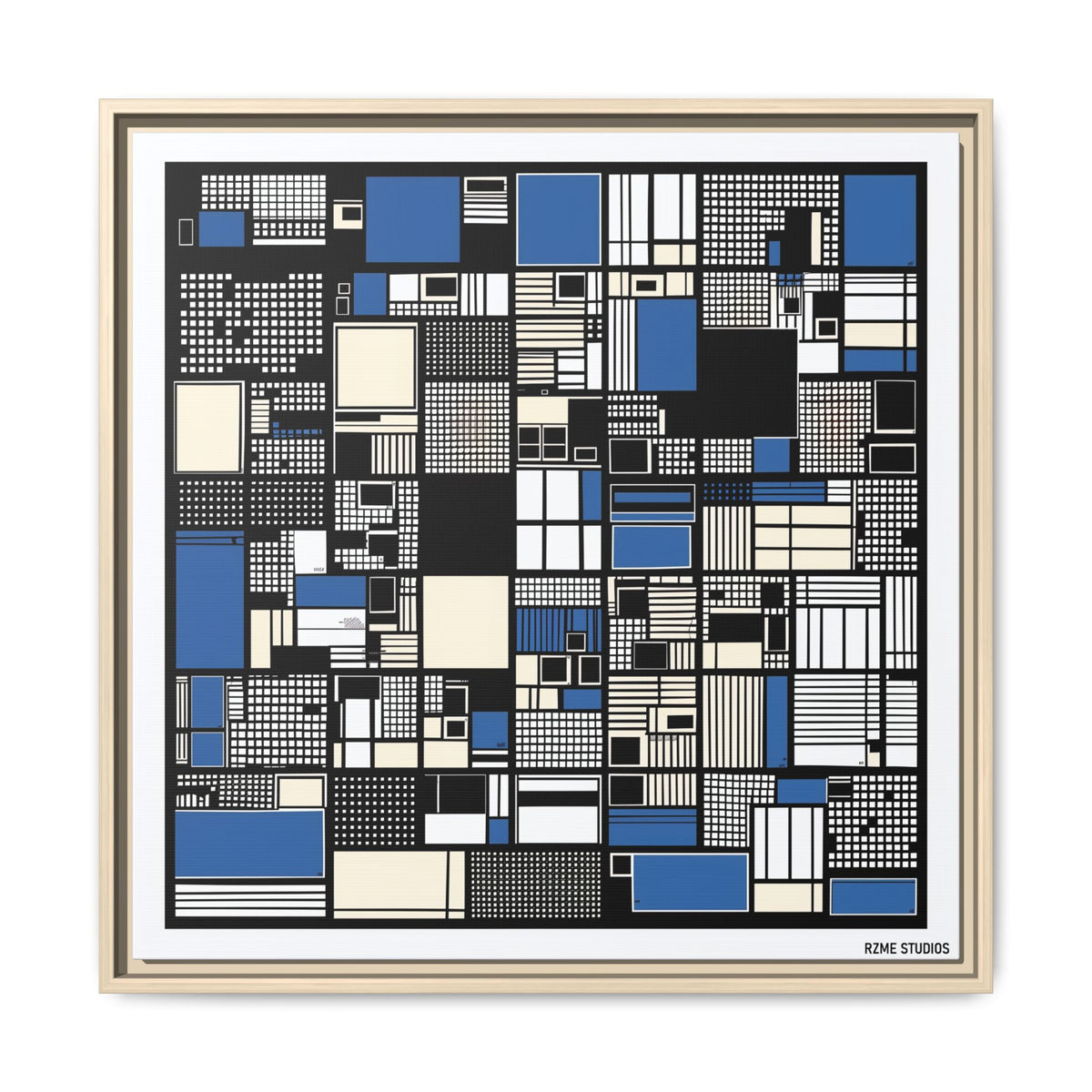 Modern Geometric Abstract Framed Canvas — Blue & Black Grid Art