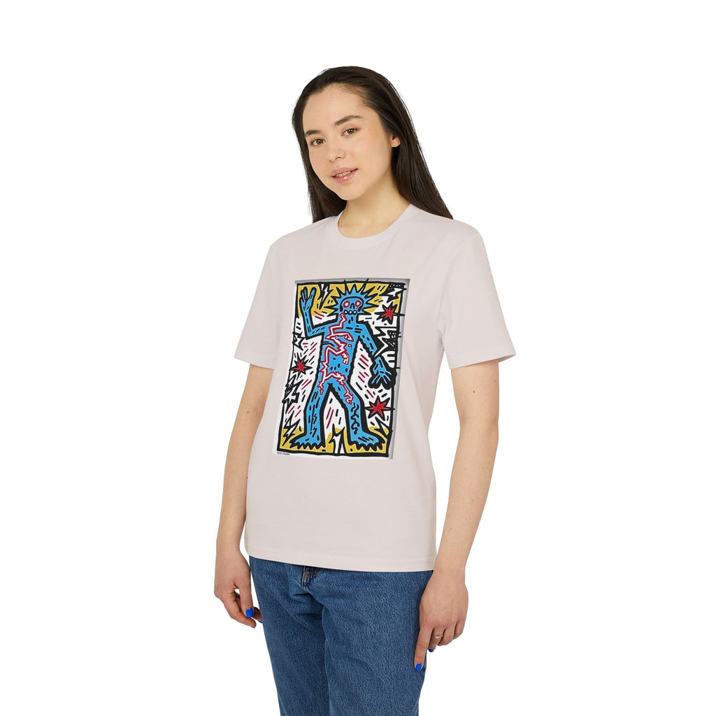 Keith Haring Style Pop Art T‑Shirt — Blue Dancing Figure Graphic Tee