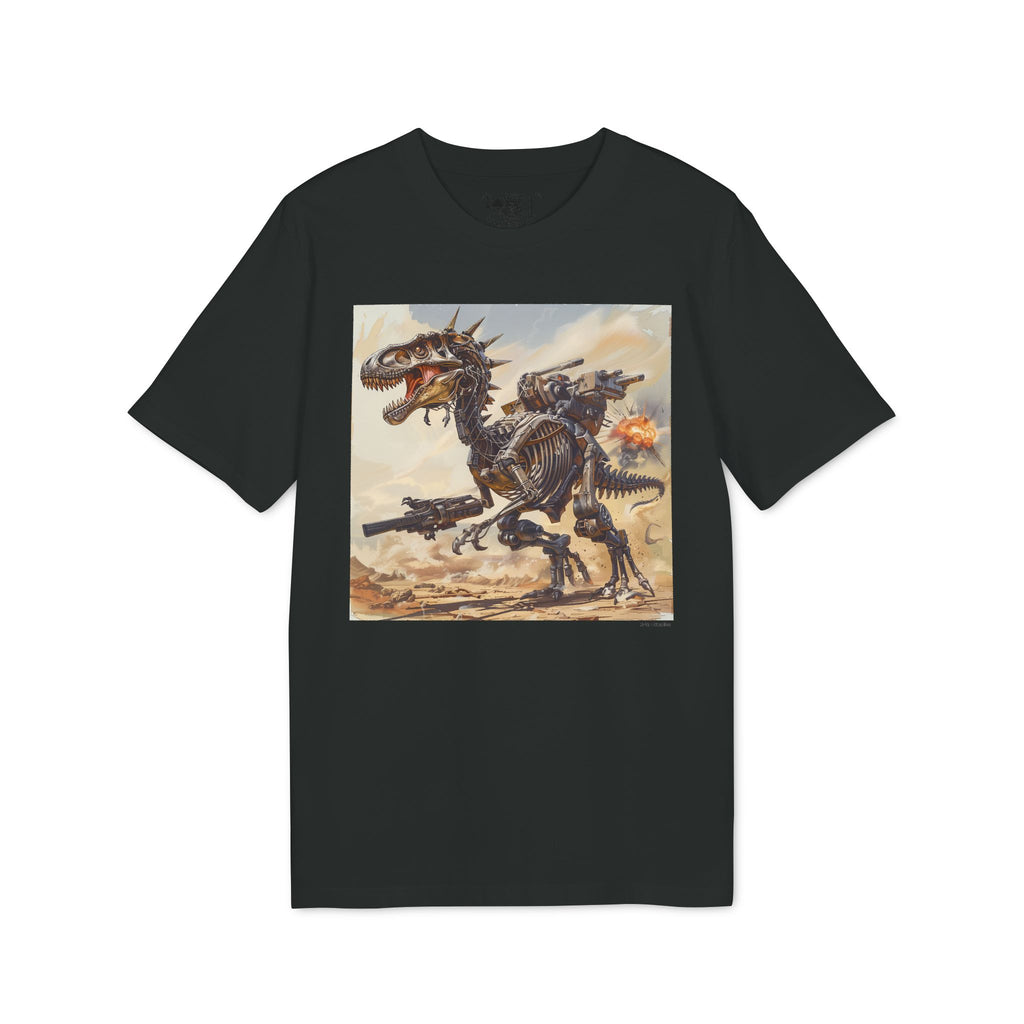 Dinosaur Mech Attack T-Shirt — Retro Robotic T-Rex Graphic Tee (RZME Back Logo)