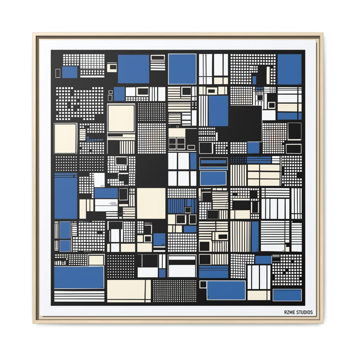Modern Geometric Abstract Framed Canvas — Blue & Black Grid Art