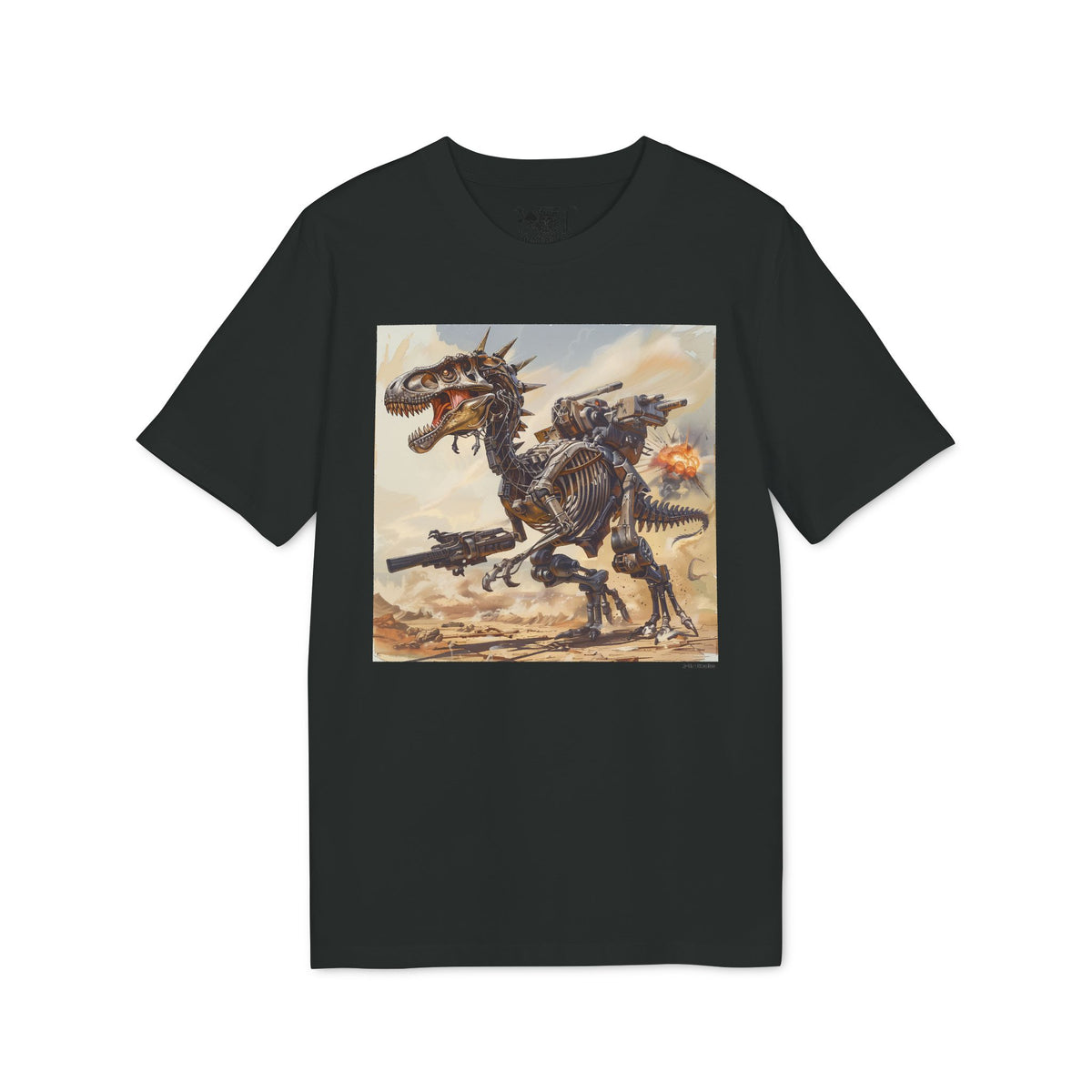 Dinosaur Mech Attack T-Shirt — Retro Robotic T-Rex Graphic Tee (RZME Back Logo)