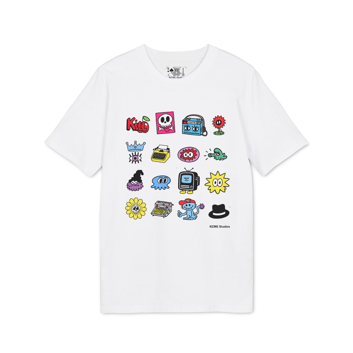 Creator Icons Graphic T-Shirt — Playful Retro Sticker Grid Tee