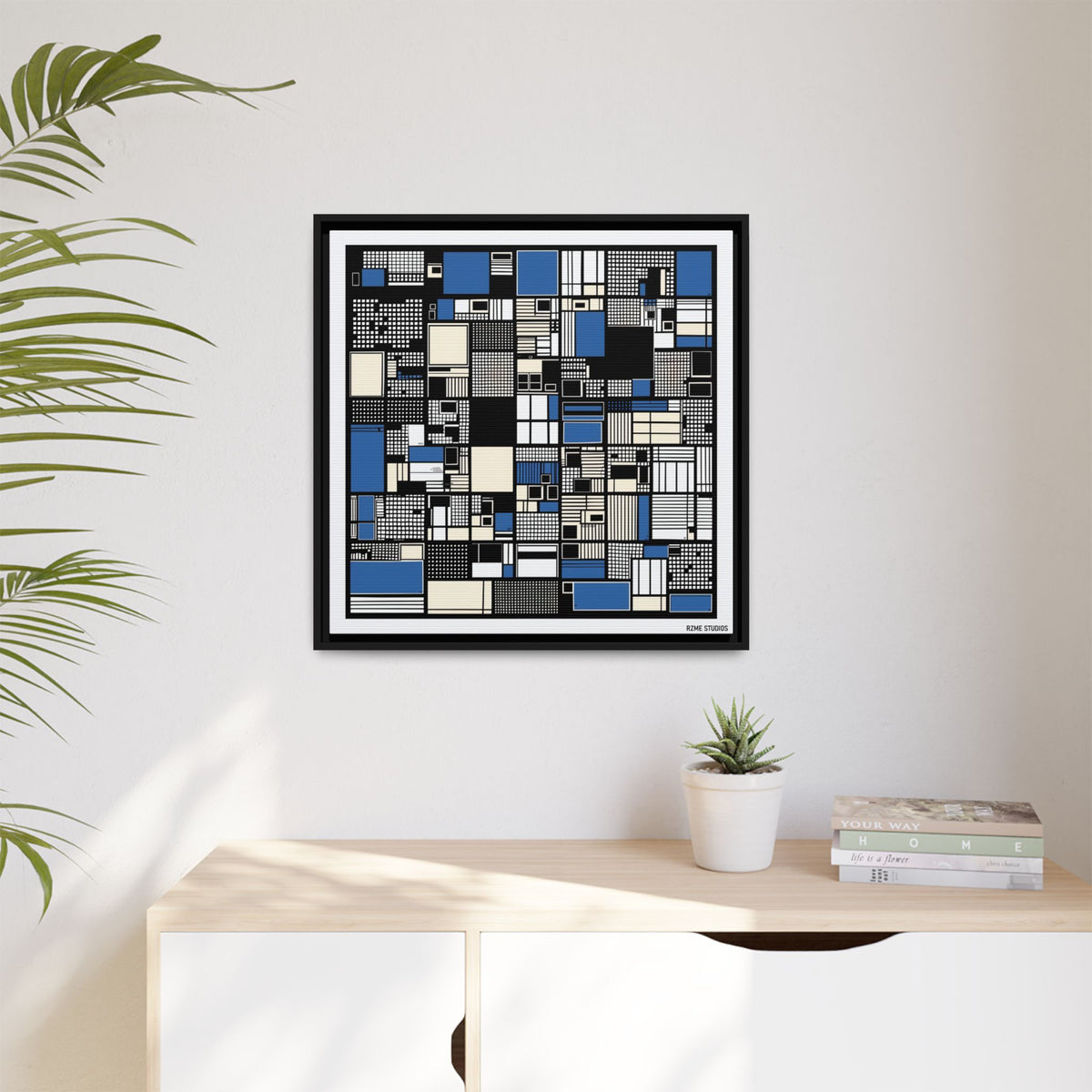 Modern Geometric Abstract Framed Canvas — Blue & Black Grid Art
