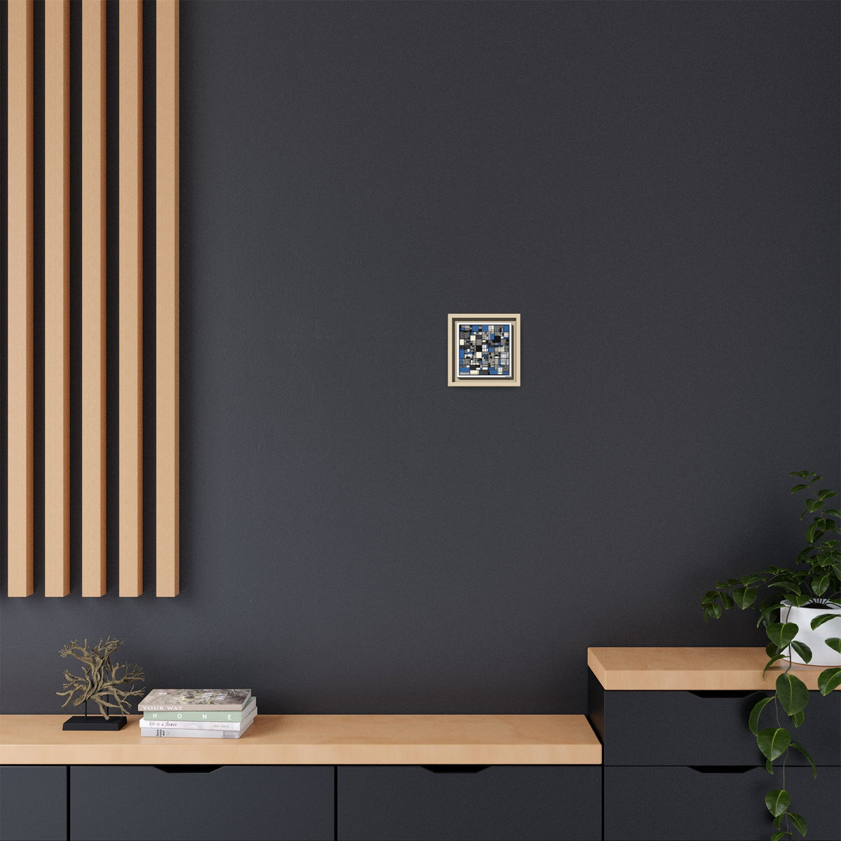 Modern Geometric Abstract Framed Canvas — Blue & Black Grid Art
