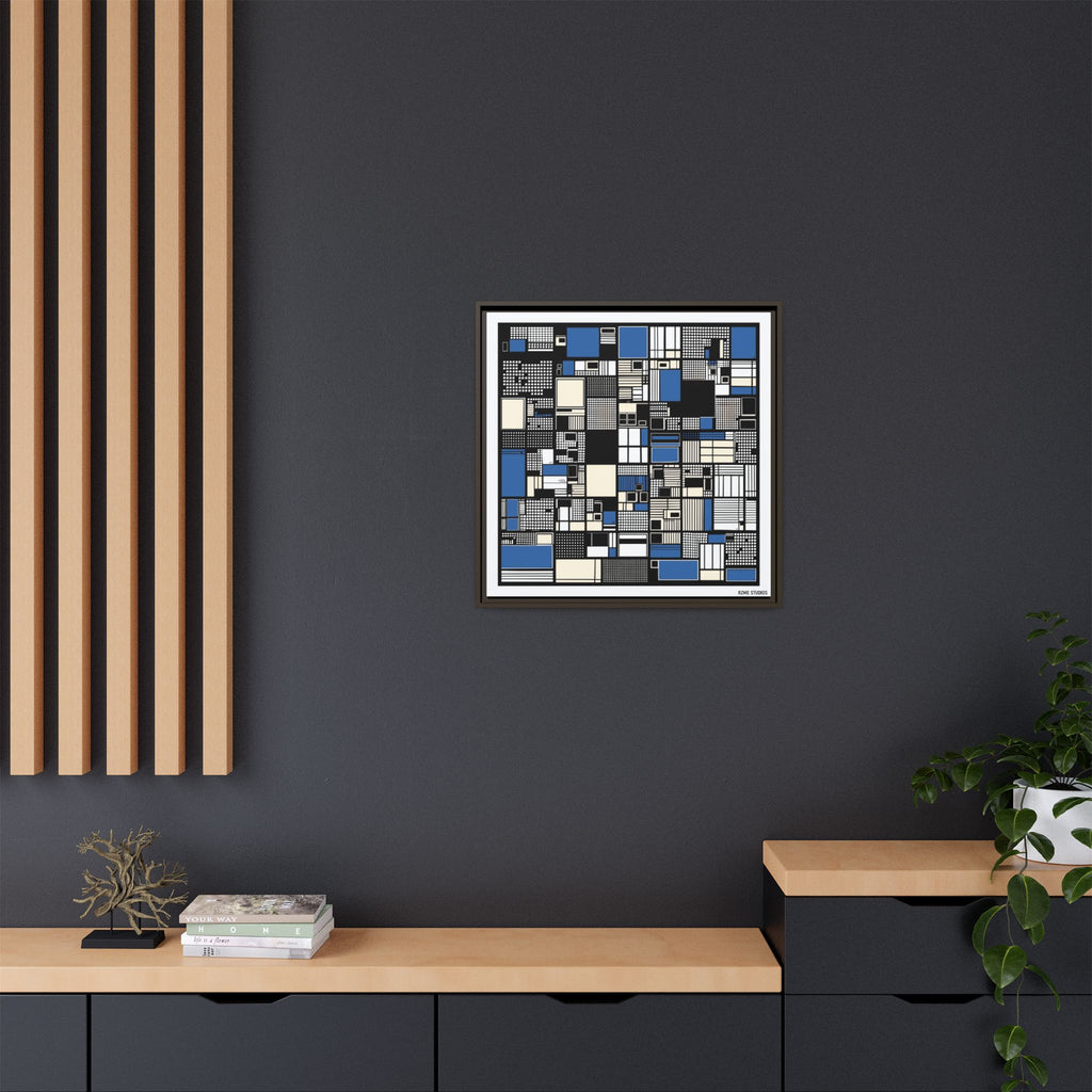 Modern Geometric Abstract Framed Canvas — Blue & Black Grid Art