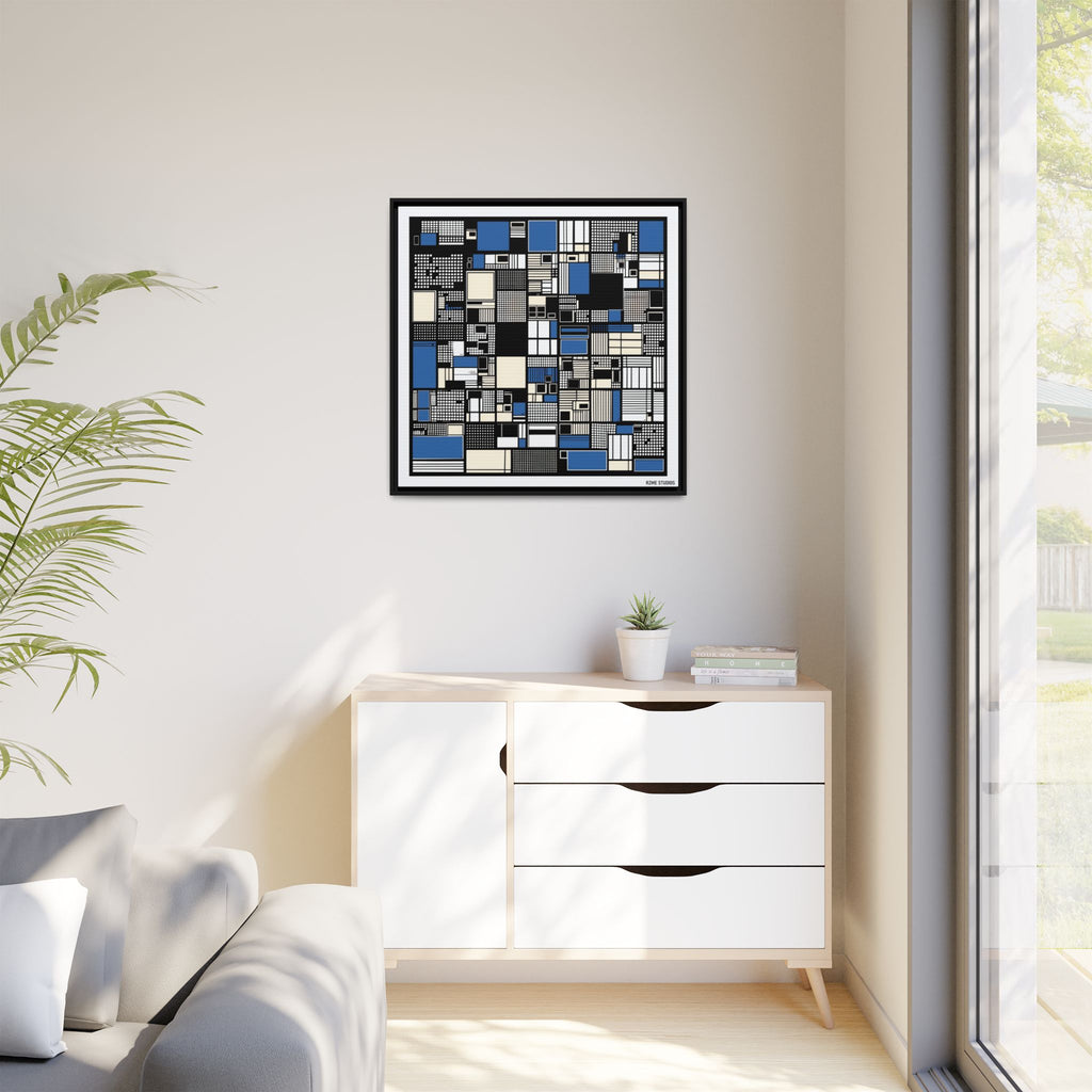 Modern Geometric Abstract Framed Canvas — Blue & Black Grid Art