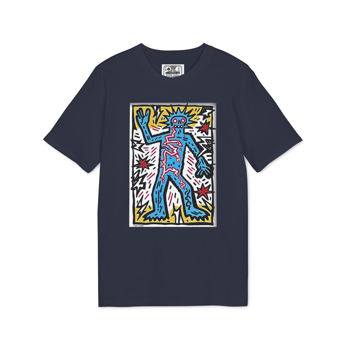 Keith Haring Style Pop Art T‑Shirt — Blue Dancing Figure Graphic Tee