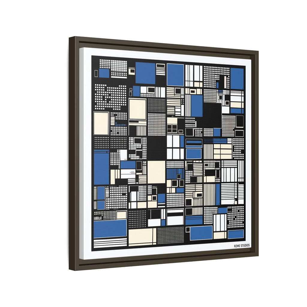 Modern Geometric Abstract Framed Canvas — Blue & Black Grid Art
