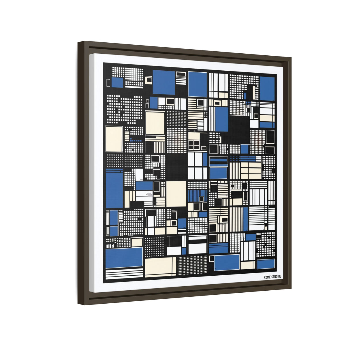 Modern Geometric Abstract Framed Canvas — Blue & Black Grid Art