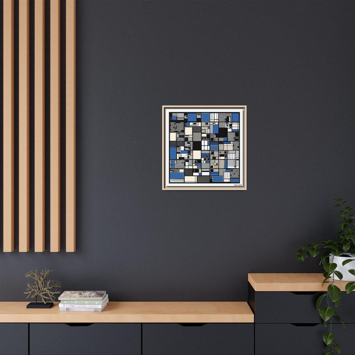 Modern Geometric Abstract Framed Canvas — Blue & Black Grid Art