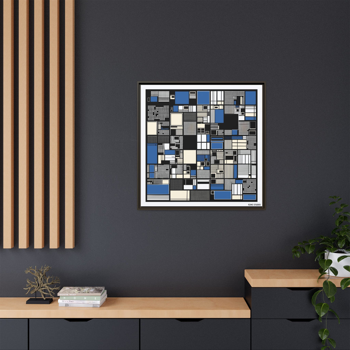 Modern Geometric Abstract Framed Canvas — Blue & Black Grid Art