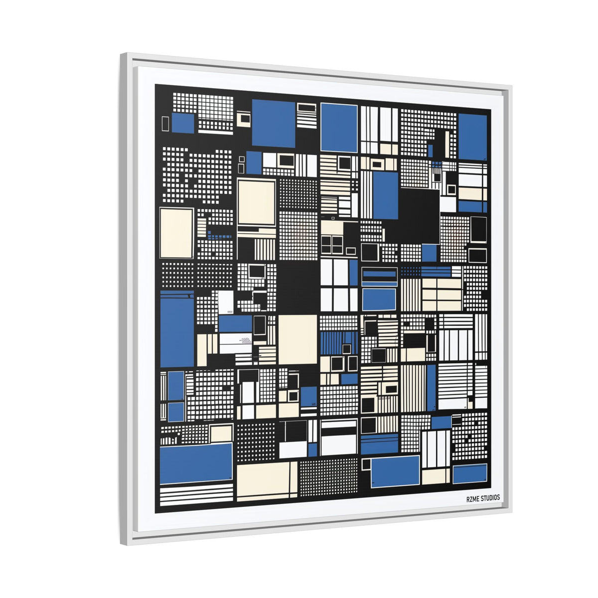 Modern Geometric Abstract Framed Canvas — Blue & Black Grid Art