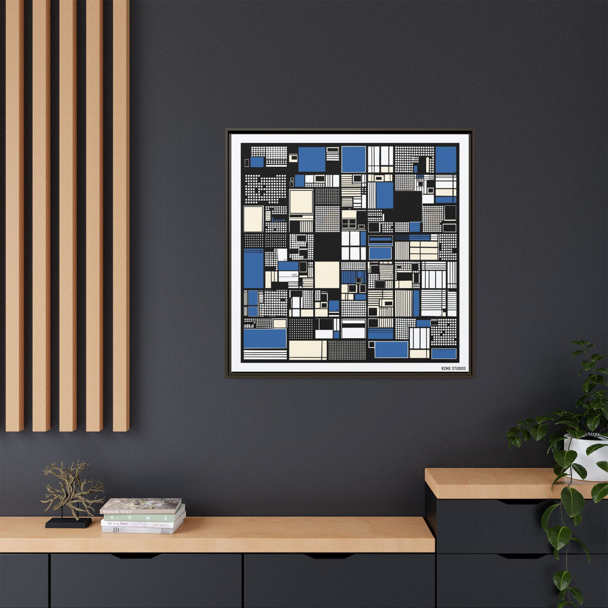 Modern Geometric Abstract Framed Canvas — Blue & Black Grid Art