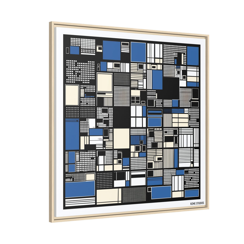 Modern Geometric Abstract Framed Canvas — Blue & Black Grid Art