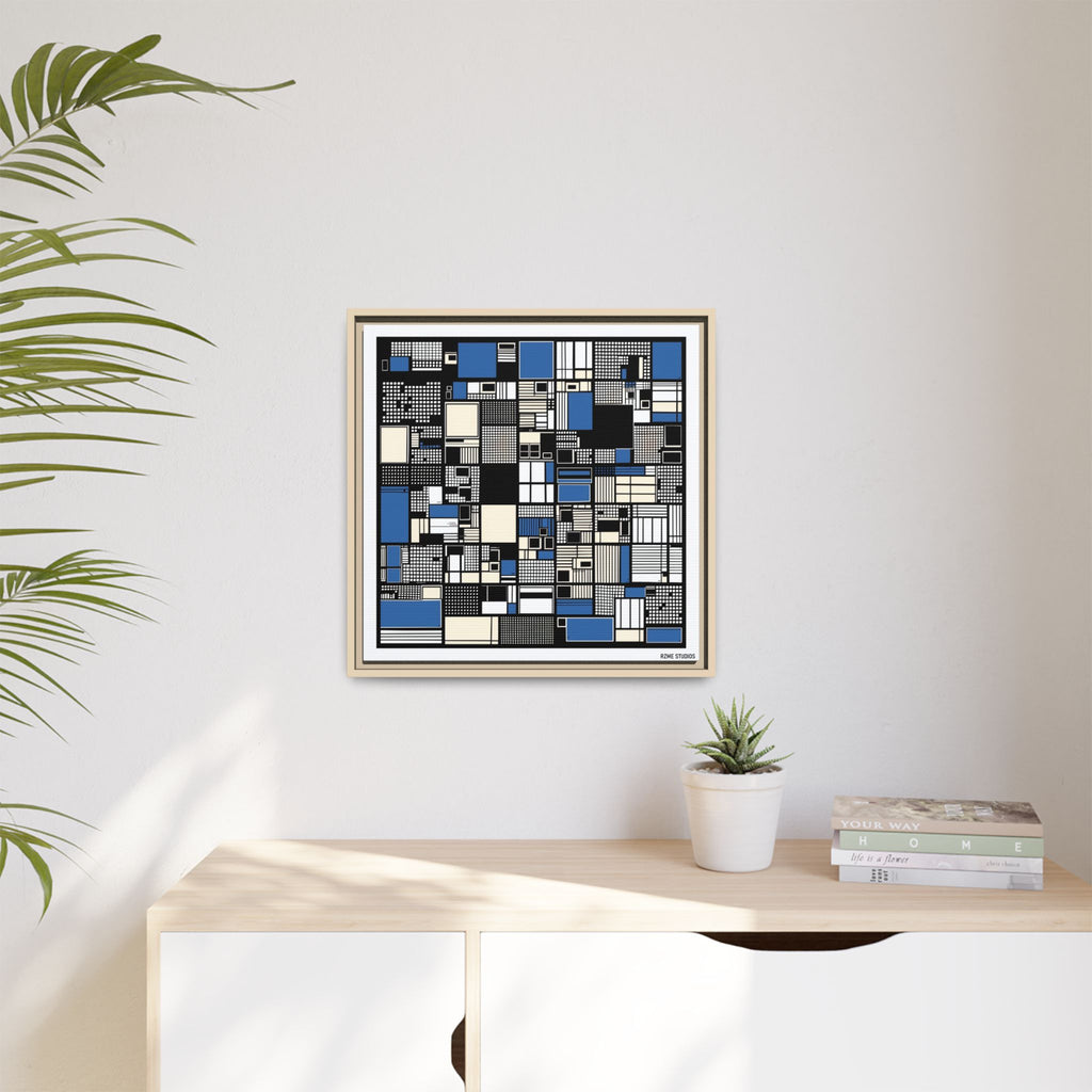 Modern Geometric Abstract Framed Canvas — Blue & Black Grid Art