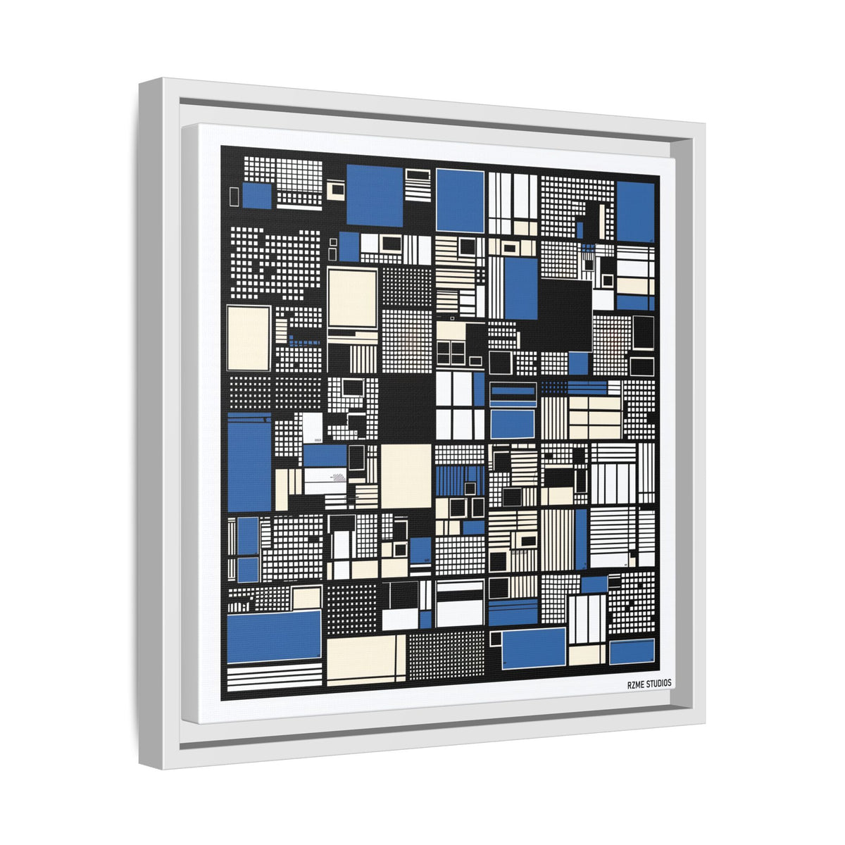 Modern Geometric Abstract Framed Canvas — Blue & Black Grid Art