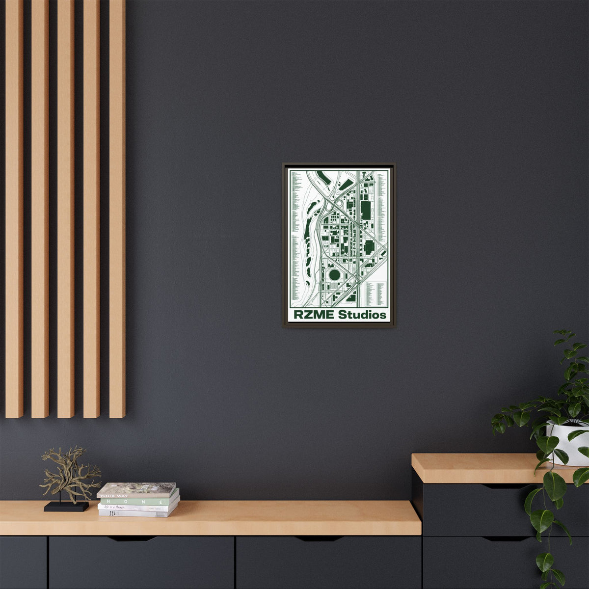 City Map Matte Canvas Framed Print — Minimal Green Urban Map Wall Art