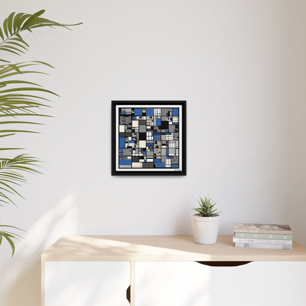 Modern Geometric Abstract Framed Canvas — Blue & Black Grid Art
