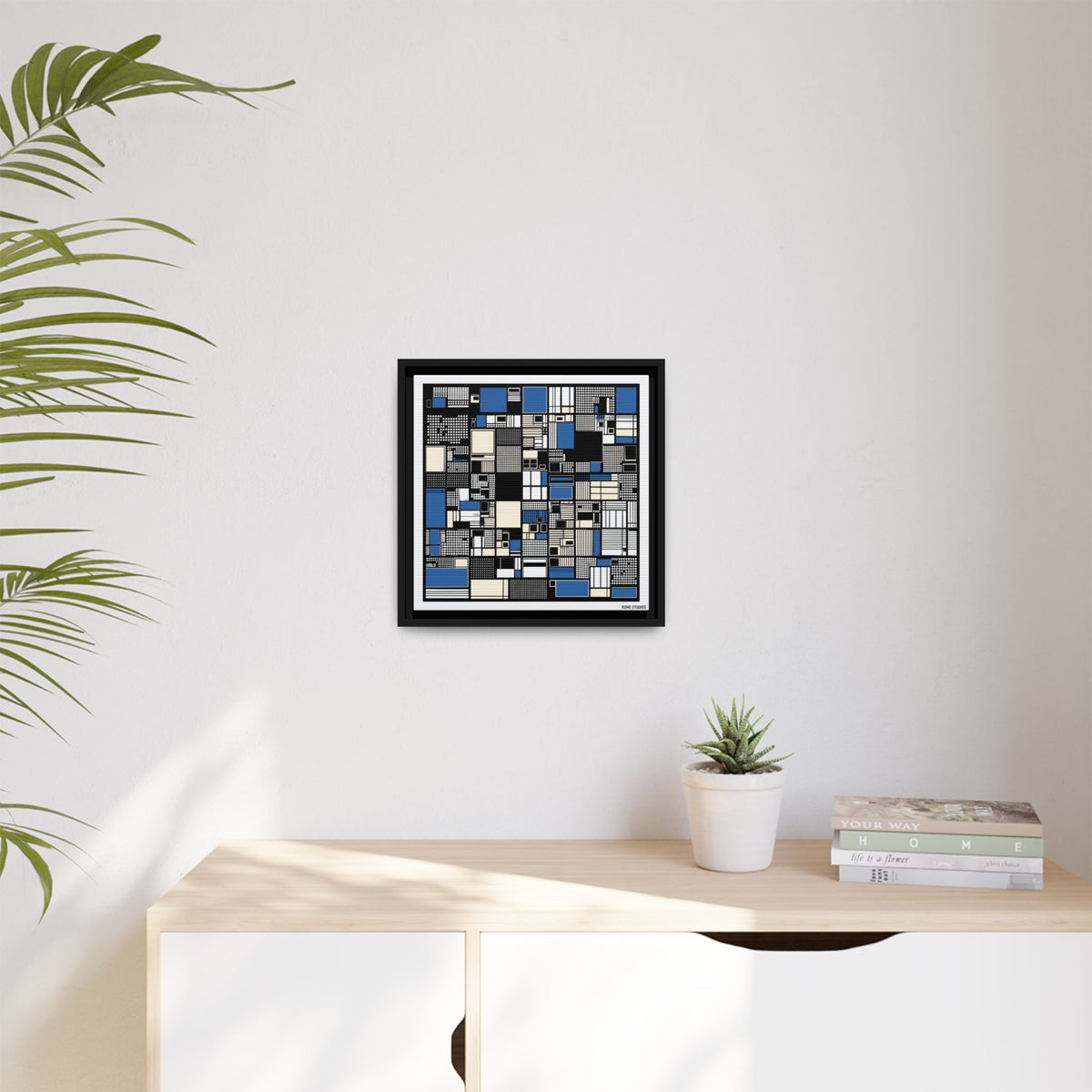 Modern Geometric Abstract Framed Canvas — Blue & Black Grid Art